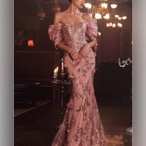 Off-Shoulder Pink Sequin Embellished Prom Dress